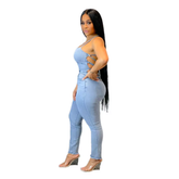 Women Jeans Ankle Length Pants Sexy Overalls Spliced Denim Pockets One Piece Streetwear Solid Slim Fit Backless Jumpsuits