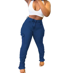 Women Streetwear Shirring Fashion Pocket Zipper Fly Denim Pants 2024 INS Safari Style Cargo Night Club Pencil Jeans