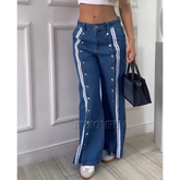 Stylish Unique Loose Jeans with buttons Washed Blue Wide Leg Pants Y2k Streetwear Full Length Straight Pant Outwear New Bottoms