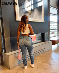 Women Zipper Fly Multi Pocket Side Cargo Straight Denim Pants 2024 Safari Retro Fashion Pencil Jeans Trousers