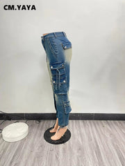 Women Zipper Fly Multi Pocket Side Cargo Straight Denim Pants 2024 Safari Retro Fashion Pencil Jeans Trousers