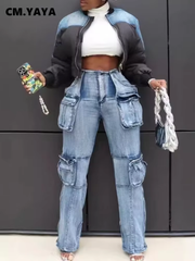 2024 Summer Women Fashion Multi Pocket Straight Zipper Fly Denim Pants Streetwear INS Safari Style Cargo Wide Leg Jeans