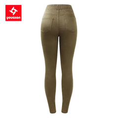 Youaxon EU Size Motor Biker High Waist Pleated Jeans Woman Army Green Stretchy Denim Skinny Pencil Pants Trousers For Women