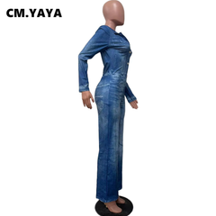 Women Fake Jeans Printed Long Sleeve Single Breasted Straight Pleated Jumpsuit 2023 Autumn Street One Piece Suit Romper