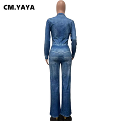 Women Fake Jeans Printed Long Sleeve Single Breasted Straight Pleated Jumpsuit 2023 Autumn Street One Piece Suit Romper
