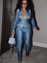 Women Fake Jeans Printed Long Sleeve Single Breasted Straight Pleated Jumpsuit 2023 Autumn Street One Piece Suit Romper