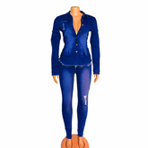 African Clothing Denim Two Piece Set Women Suit Autumn Winter Fashion Jeans Long Sleeve Shirt Pants Matching Sets 2 Piece Outfit