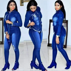 African Clothing Denim Two Piece Set Women Suit Autumn Winter Fashion Jeans Long Sleeve Shirt Pants Matching Sets 2 Piece Outfit
