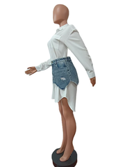Joskaa Solid Lapel Long Sleeve Single Breasted Shirt Dress and Irregular Denim Skirt Two Piece Set Women 2023 Cute Street Outfit