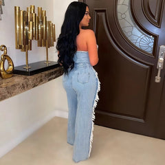 ladies blue off shoulder overall jeans fall woman flare rompers bodycon wideleg strapless one piece denim jumpsuits for women