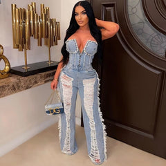ladies blue off shoulder overall jeans fall woman flare rompers bodycon wideleg strapless one piece denim jumpsuits for women