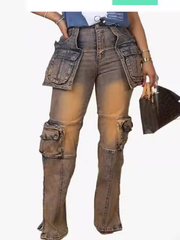 2024 Summer Women Fashion Multi Pocket Straight Zipper Fly Denim Pants Streetwear INS Safari Style Cargo Wide Leg Jeans