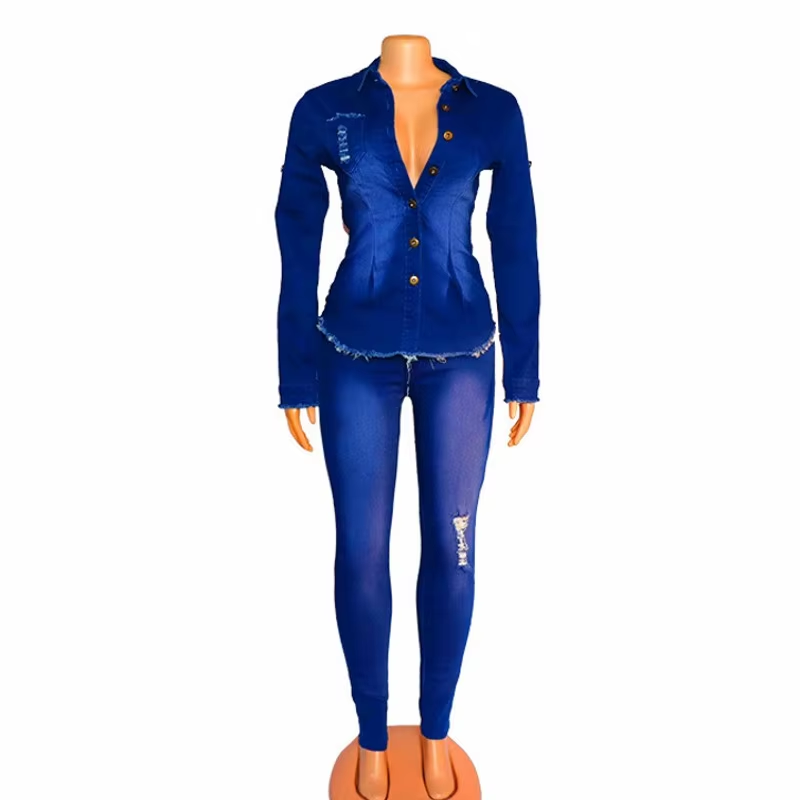 African Clothing Denim Two Piece Set Women Suit Autumn Winter Fashion Jeans Long Sleeve Shirt Pants Matching Sets 2 Piece Outfit