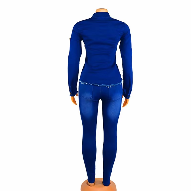 African Clothing Denim Two Piece Set Women Suit Autumn Winter Fashion Jeans Long Sleeve Shirt Pants Matching Sets 2 Piece Outfit