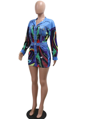 Beyprern Lux Denim Effect Set Women&#39;s Print Long Sleeve Colorful Blouse Top And Skirt Set Two-Piece Dress Outfits Night Clubwear