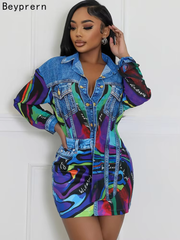 Beyprern Lux Denim Effect Set Women&#39;s Print Long Sleeve Colorful Blouse Top And Skirt Set Two-Piece Dress Outfits Night Clubwear