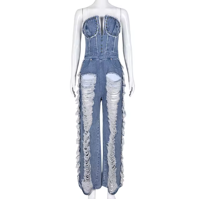 ladies blue off shoulder overall jeans fall woman flare rompers bodycon wideleg strapless one piece denim jumpsuits for women